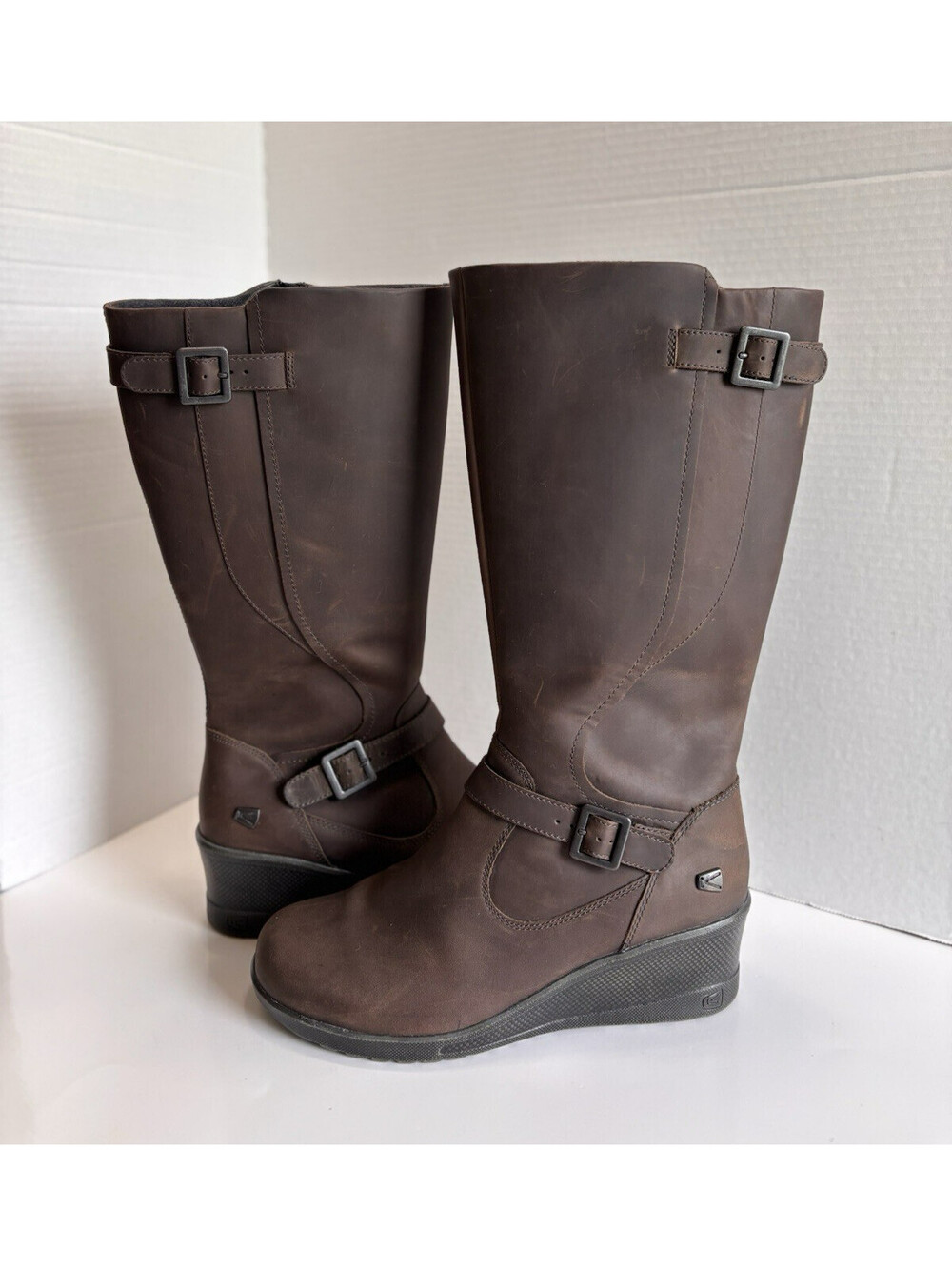 KEEN of Scots Tall Wedge Boots Women's Size 10 Brown Leather Comfort Zip Buckle